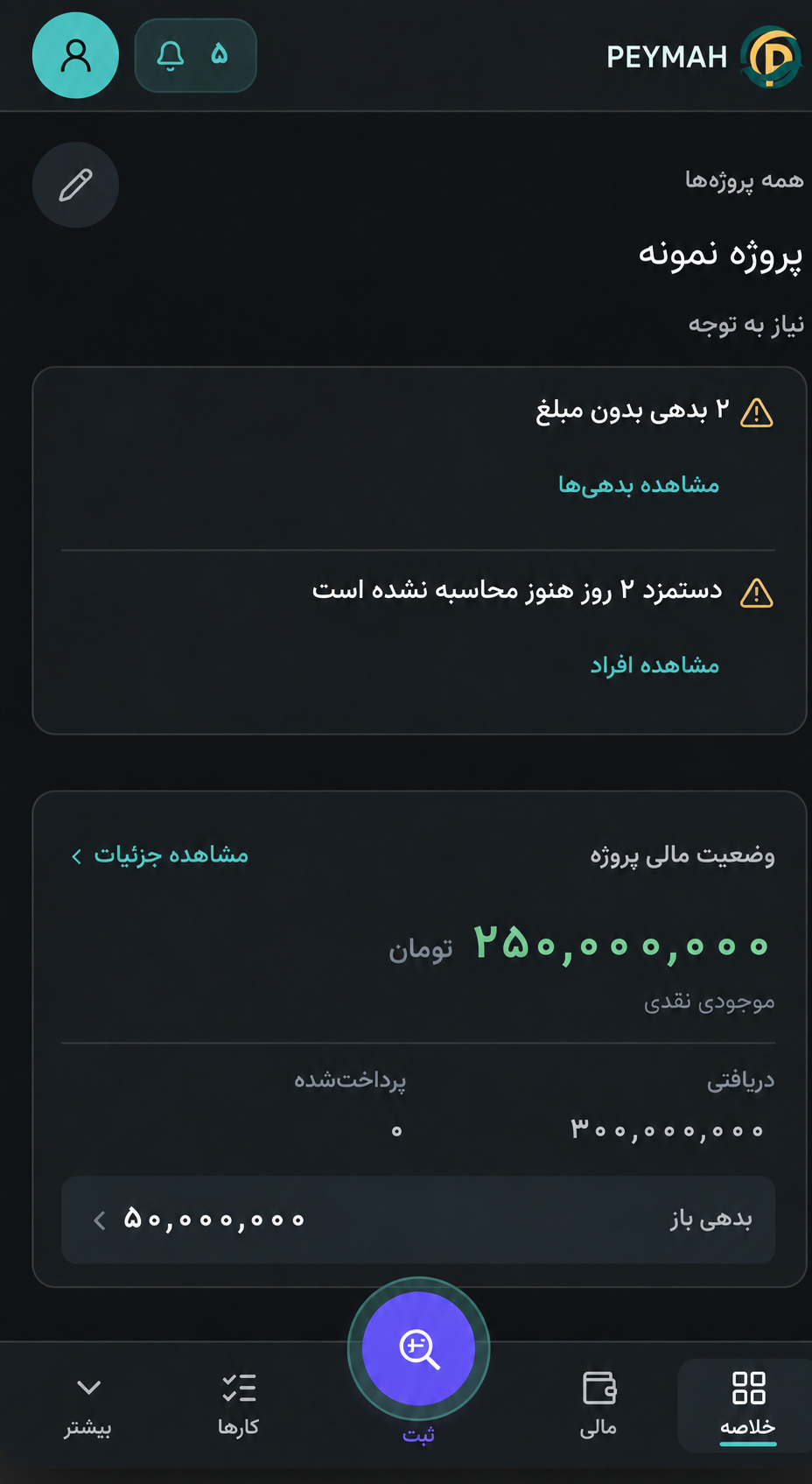 خلاصه وضعیت مالی پروژه در داشبورد پی‌ماه
